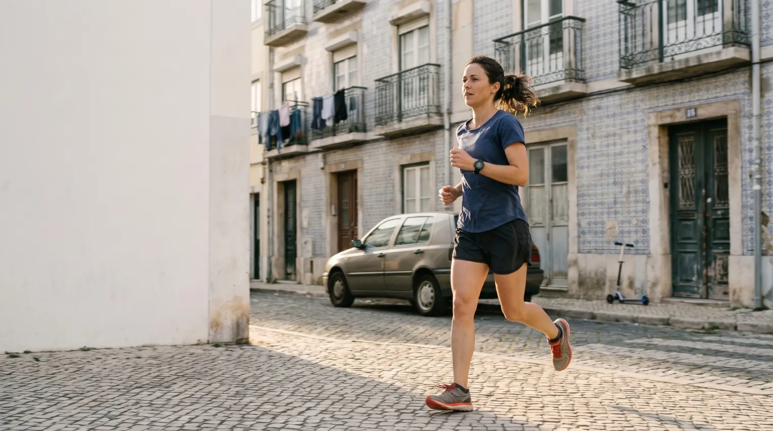 Mulher a correr a ritmo tranquilo numa rua de calçada em Lisboa, ao início da manhã